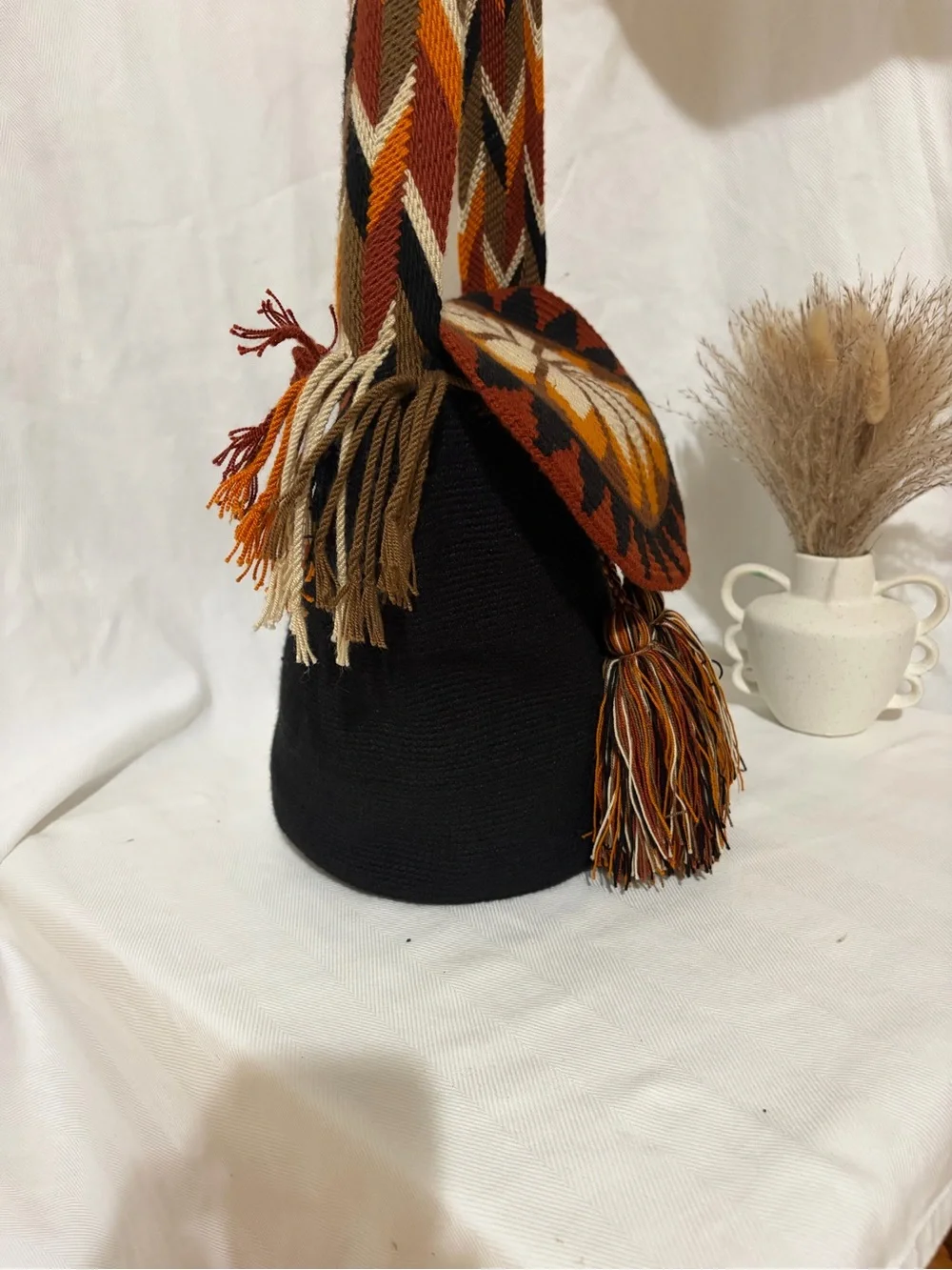 Waitusu Handmade Wayuu Crochet Crossbody Bucket Bag Boho Woven With Lid Tassel